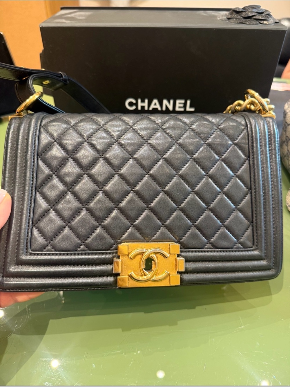CHANEL Black Quilted Boy Shoulder Bag with Gold Hardware